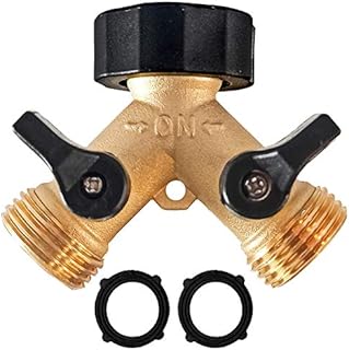Hourleey Brass Garden Hose Splitter 2 Way, 3/4 Inch Hose Connector Tap Splitter, Hose Y Splitter, Hose Spigot Adapter 2 Valves with Extra Rubber Washers (1)