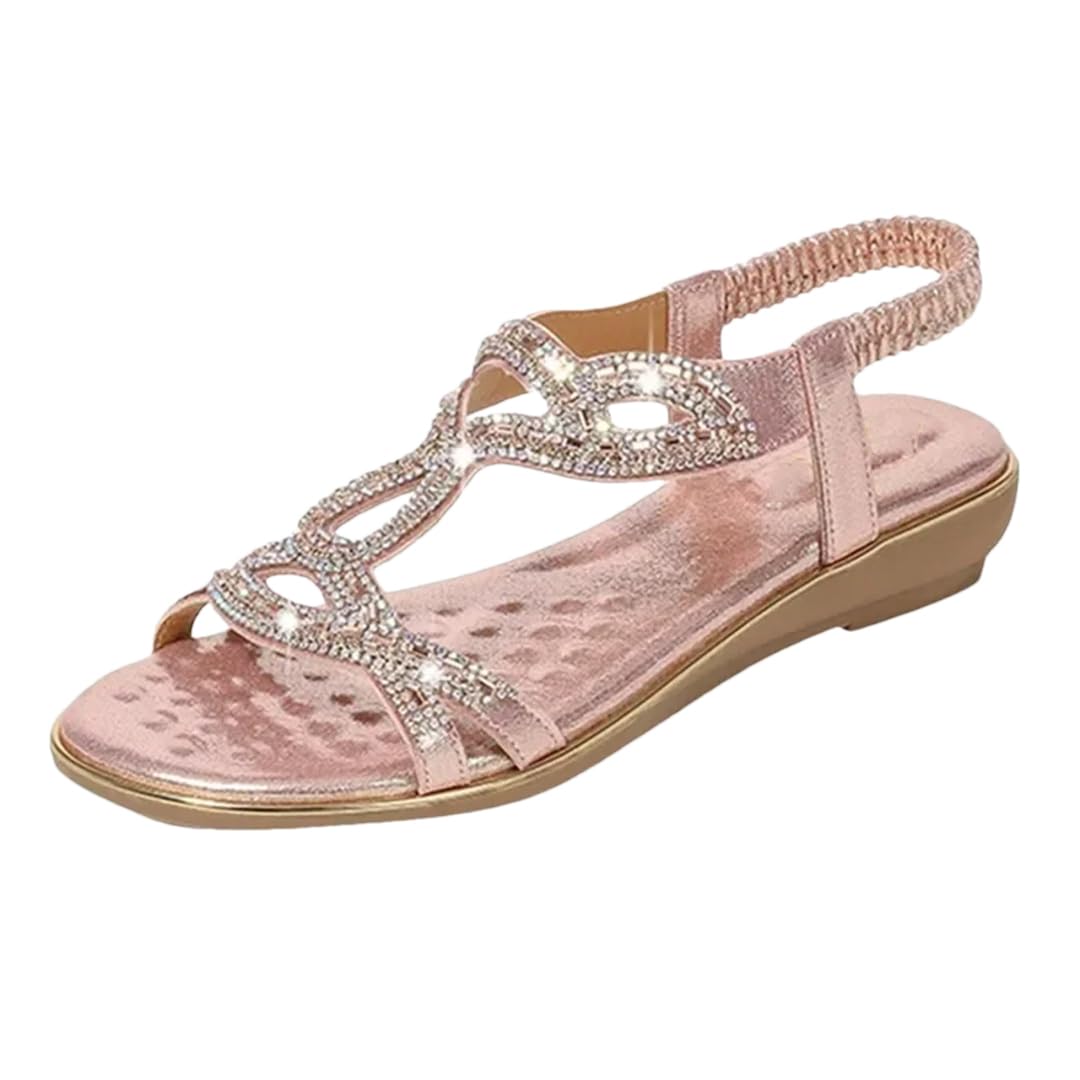 Sandalias básicas de poliuretano con diamantes de imitación para mujer, con banda elástica frontal y correa trasera, tacón de cuña, parte superior de poliuretano, sandalias de verano bohemias