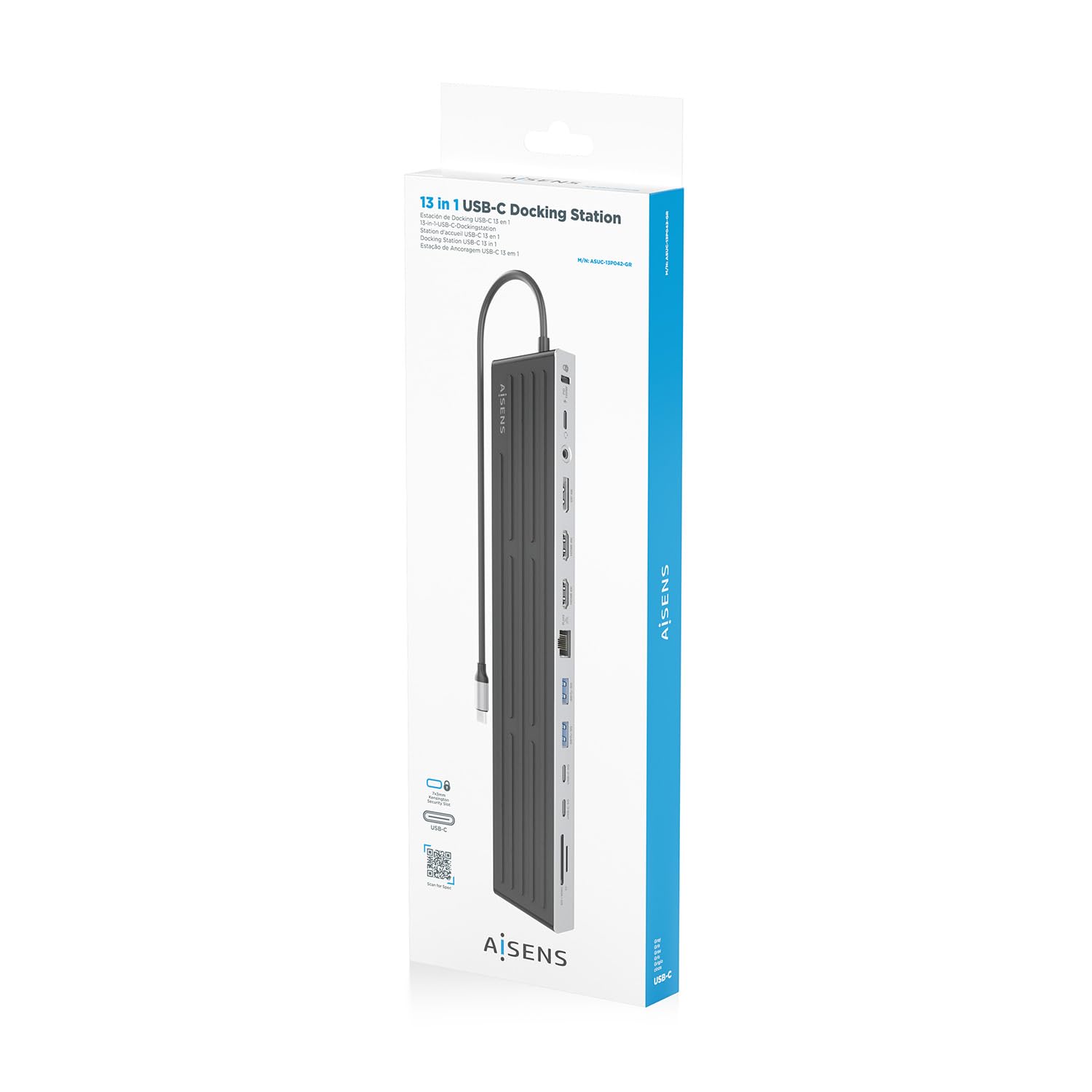 AISENS - USB-C Dock 13 EN 1, USB-C A 2xHDMI, 1xDISPLAYPORT, 1xRJ45, 3xUSB-A, 2xUSB-C, 1xUSB-C PD, 1xSD, 1xMICRO SD, 1xAUDIO, 1xRANURA Kensington, 30CM