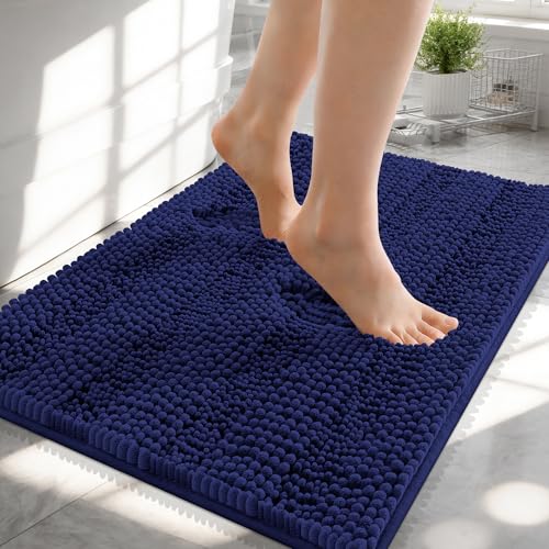 Image of OLANLY Thick Small Bathroom Rugs 24x16, Extra Absorbent Chenille Striped Bath Rugs, Rubber Backing, Machine Wash, Bath Mats for Bathroom, Tub and Shower, Home Decor Accessories, Twilight Sapphire