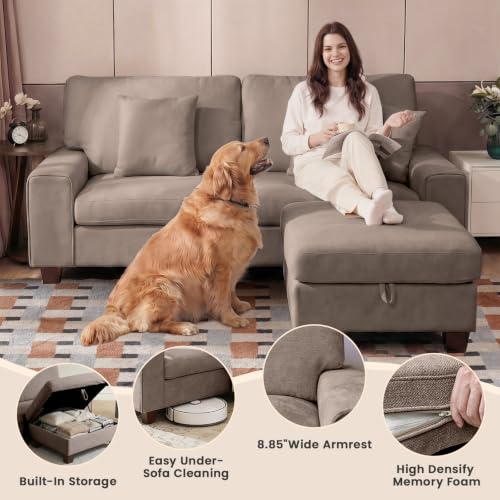 Image of DOPEDIO L-Shaped Sectional Sofa with Storage Ottoman, Modern Chenille Recliner Loveseat, Removable Couch Covers, Pocket Spring Cushions, Solid Wood Frame, Easy to Install (88.58inch, Brown)