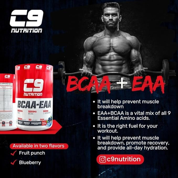 Image of C9 NUTRITION BCAA + EAA Powder | Sugar Free Workout Muscle Recovery & Endurance Drink with 5000mg BCAA, 9000mg EAA, 500 mg L-Arginine | Amino Acid Supplements (30 Servings, Watermelon Flavour)