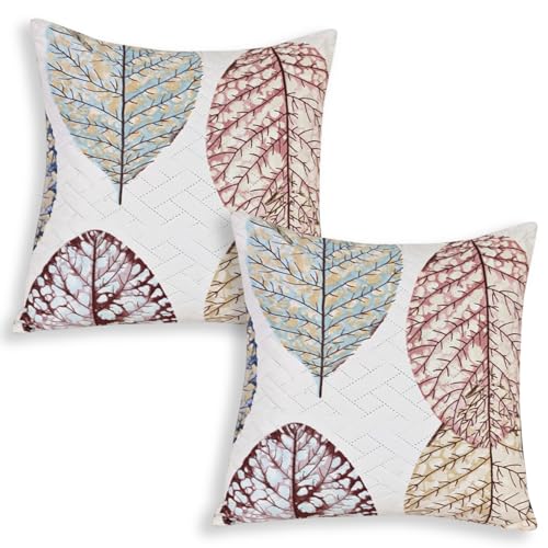 Image of HOKIPO Printed Cushion Cover 16x16 in, Multicolor Linden Leaf