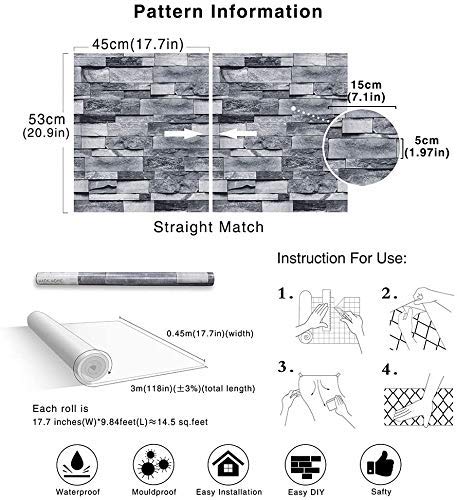 myforHD Selbstklebend Tapete Wandpapier Ziegel Selbstklebende Wandaufkleber 44cmX300cm Vintage Backstein Stein tapeten Wasserdicht für Küche Schlafzimmer Wohnzimmer Wand