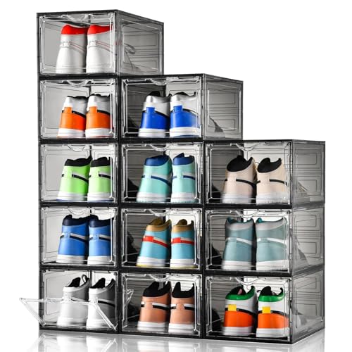 Image of Clemate Upgraded X-Large Shoe Storage Box,12 Pack,Shoe Box Clear Plastic Stackable,Drop Front Shoe Box with Clear Door,Shoe Organizer Containers For Sneaker Display,Fit up to US Size12, Ashy
