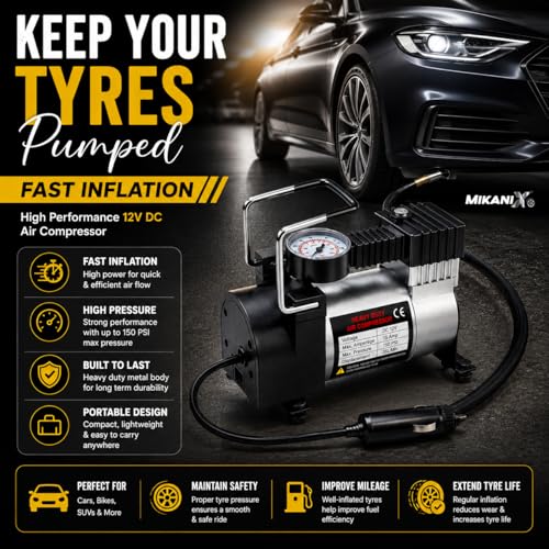 Image of MIKANIX Heavy Duty Portable Inflator Air Pump Compressor with 150psi Pressure Gauge | 12V DC | Universal for Car | Bike Cycle Tyre