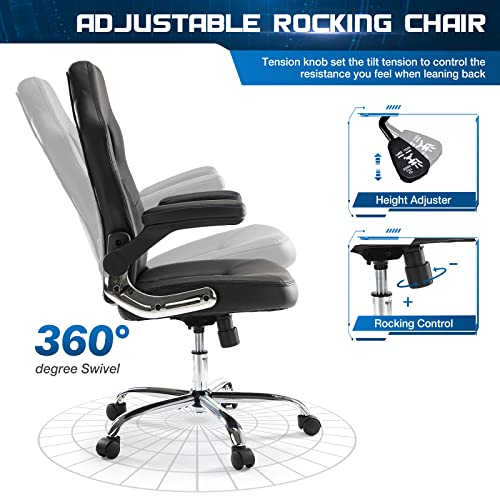 Image of Gaming Office Chair - PU Leather Executive Swivel Computer Desk Chair with Flip-up Armrests and Lumbar Support for Working, Studying, Gaming