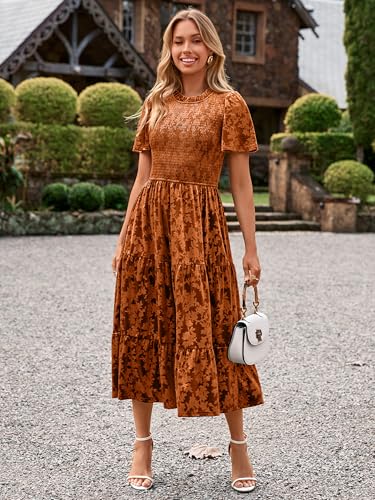 Simplee Velvet Dress for Women Semi Formal Short Sleeve Floral Smocked Empire Waist Fall Winter Wedding Guest Dresses2