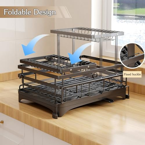 Dish Drying Rack, Bottom Expandable Large Capacity Dish Racks Drainer with Drainboard/Utensil for Kitchen Countertop, Multifunctional Dish Drainer, Automatic Drainage(Large)