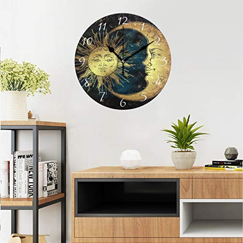 Ahomy Round Wall Clock Boho Sun And Moon Stars Home Art Decor Non-Ticking Numeral Clock For Home Office #TOP2