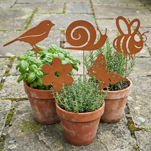 WANTOUTH 5 Stück Gartenstecker Rost Set Gartendeko Metall Rostige Vögel Schmetterling Schnecke Biene Blume Edelrost Deko Rostdeko Blumenstecker für Garten Terrasse Balkon Blumentopf Wetterfest