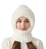 PQIQP Warm Fleece Fluffy One-Piece Face Mask Neck Scarf Knit Hat for Men and Women - Winter Cold Weather Protection, Soft & Cozy (White)