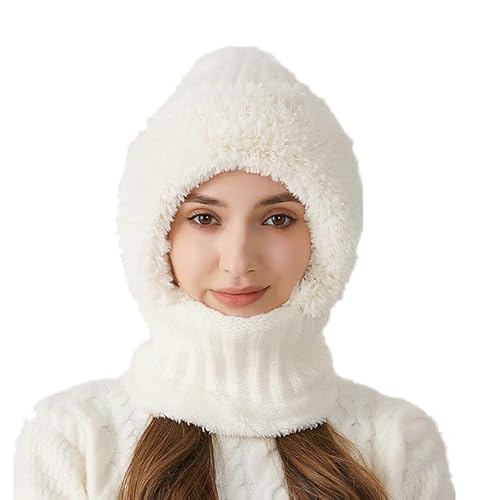 PQIQP Warm Fleece Fluffy One-Piece Face Mask Neck Scarf Knit Hat for Men and Women - Winter Cold Weather Protection, Soft & Cozy (White)