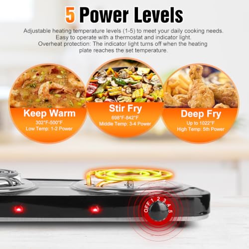 Image of 2000W Electric Double Burner Hot Plate, Portable Stove 6 inch Coil Heating