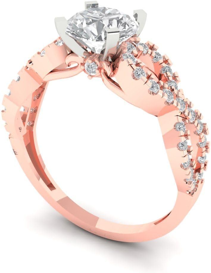 Clara Pucci 14K Solid Gold Engagement Ring for Women | 1.42 cttw White Sapphire Round Cut Solitaire with Accents | Real Rose/White Gold Wedding Ring
