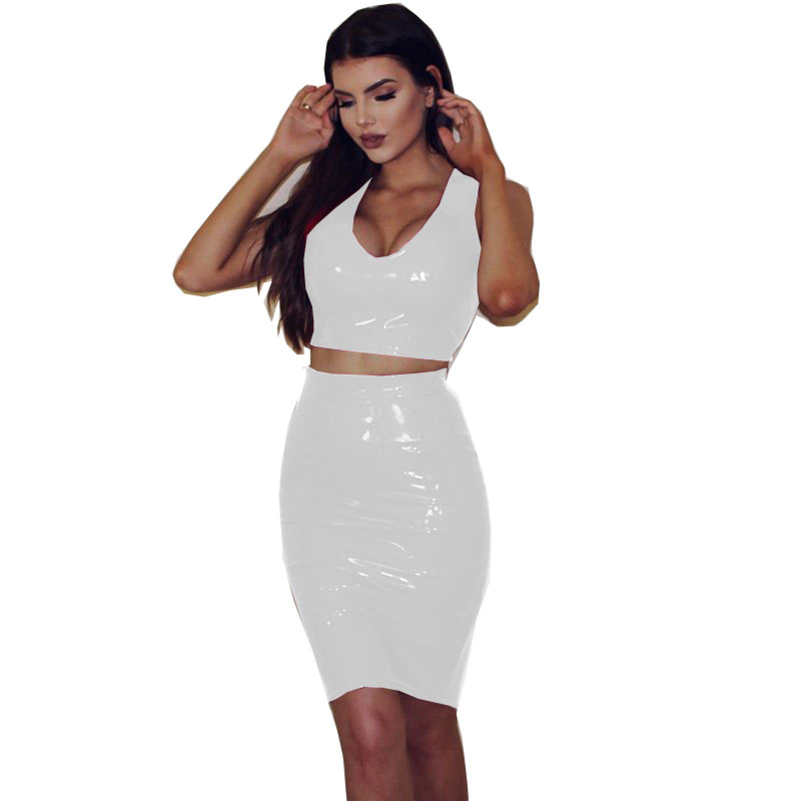 QJZM Faux Leather Two Piece Summe Top sin Mangas Falda Traje Slim Crop Tank Tops Cintura elástica Lady Falda Conjuntos Elegante