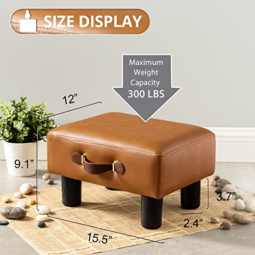 Lue Bona Small Foot Stool With Handle, Whisky Brown Pu Leather Short Rest Rectangle Storage Foot Stools Ottoman With Plastic Legs, Padded Small Step Stool For Living Room, Office thumb #1