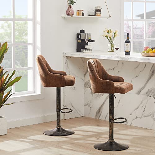 Image of VECELO Bar Stools Set of 4, Adjustable Barstools, Counter Height Stools with Back and Arm, Kitchen Island Stools, Swivel PU Chairs for Pub, Dining Room, Industrial Style, Brown