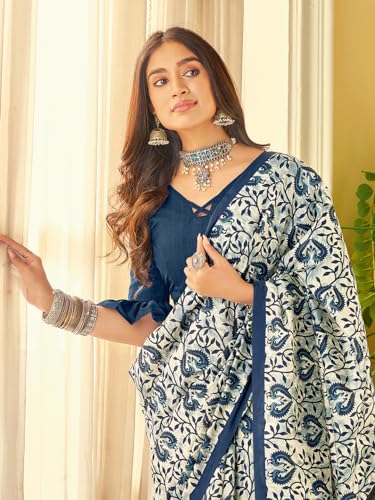 Image of SAREE MALL Women's Ajrak Block Print Dola Silk Saree With Unstitched Blouse Piece