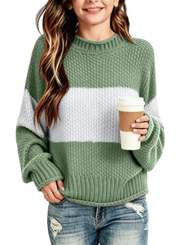 Putysenxi Girls Color Block Knit Sweaters Long Sleeve Crewneck Loose Fall Pullover Cozy Loose Fall Cute Sweater Tops Winter Outfits Light Green