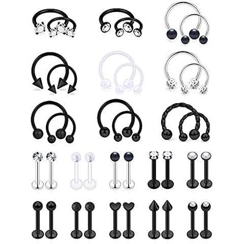 SCERRING 16g Lip Rings Stainless Steel Horseshoe Septum Nose Hoop Labret Monroe Lip Rings Nail Tragus Rook Helix Cartilage Earrings Studs Ring Medusa Piercing Jewelry 38PCS Black Cover