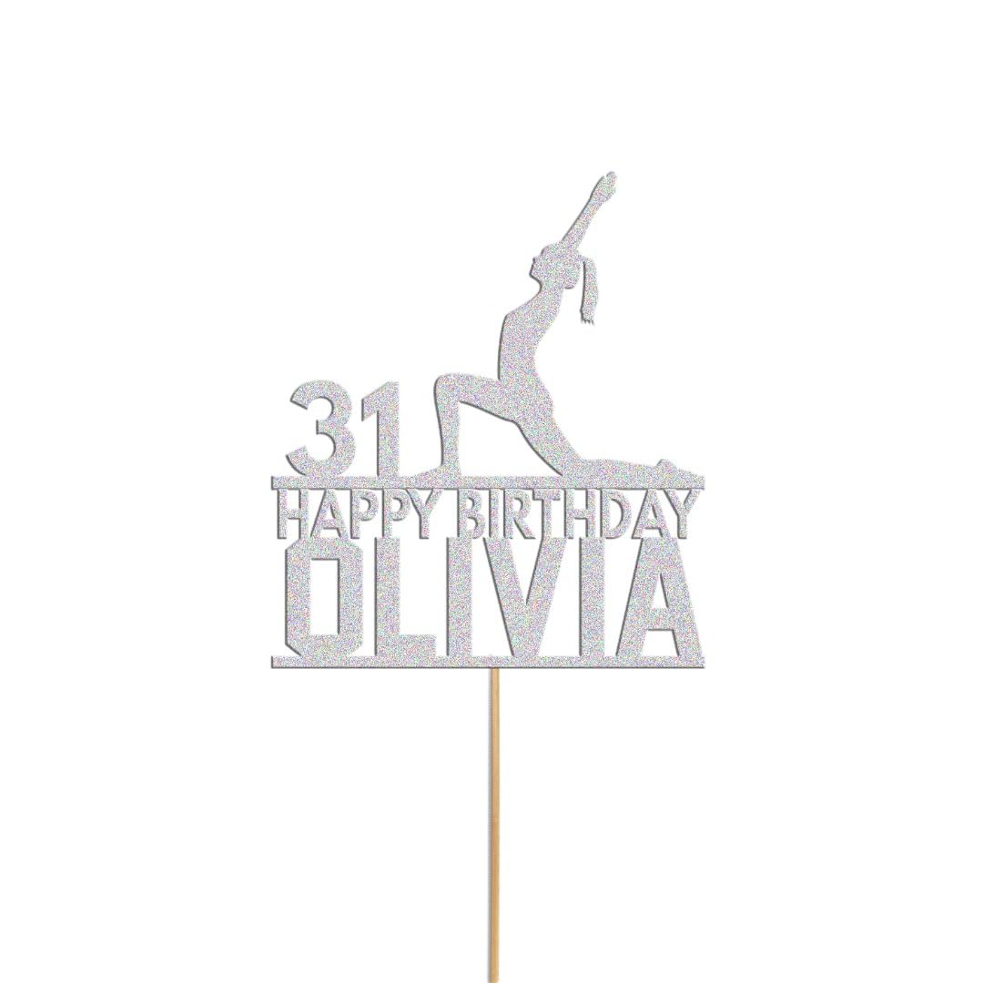 Womans Yoga Cake Topper Personalised Yoga Stretch Cake Decoration Any Name & Age | Personalised Cake Topper with Custom Name & Age | Birthday Party Decoration (Silver)