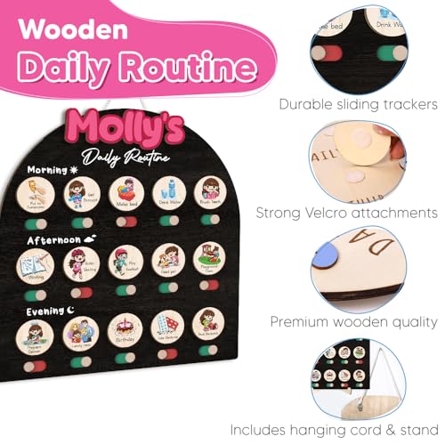 Image of Personalized Wooden Chore Chart for Kids, Daily Routine Chart for Toddlers, Visual Schedule for Kids Age 3-5, Morning Bedtime Routine for Girls (08)