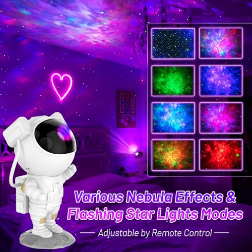 Image of Plastic Star Projector, Astronaut Galaxy Night Light with Nebula, 8 Modes, Remote Control and 360 Rotation Lamp, LED White Ceiling Bedroom