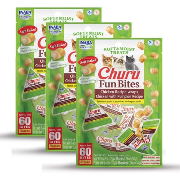 INABA Churu Fun Bites for Cats, Soft & Chewy Baked Chicken Wrapped Filled Cat Treats with Taurine, 0.42 Ounces Each Tetra, 9 Tetras (3 per Bag),