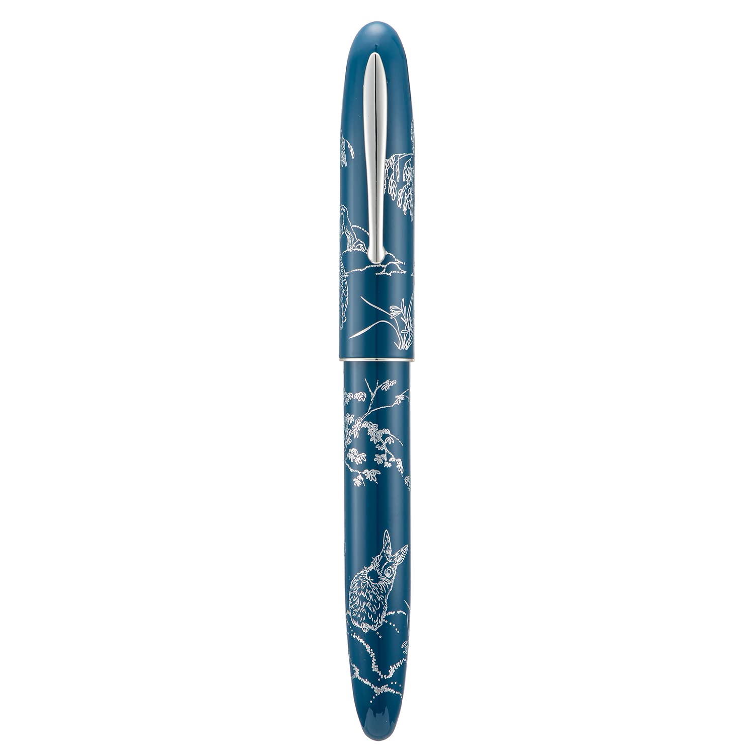 Hongdian N23 - Pluma estilográfica de conejo azul, hoja larga, punta media, borde plateado, diseño de tallado de conejo de la suerte, de escritura suave con convertidor y caja de bolígrafo de metal