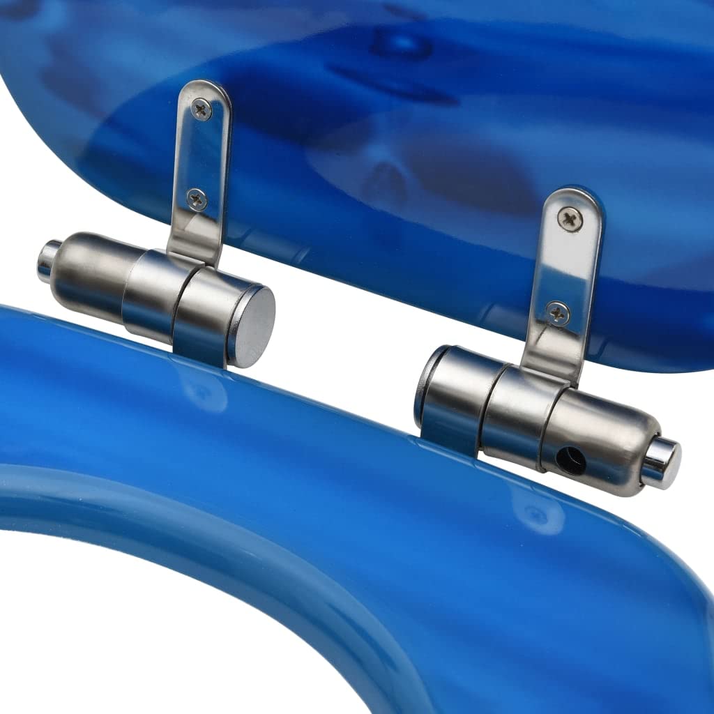Sedile WC in MDF blu con funzione di abbassamento automatico e design a goccia d'acqua, robuste cerniere in zinco cromato regolabili da 12 a 20 cm, adatto per tutti i WC comuni