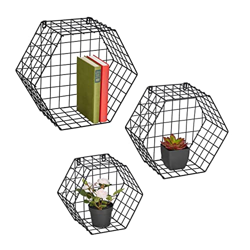 Relaxdays Estantería Pared Industrial en Set 3 Unidades, Balda Flotante Diseño Hexagonal, Metal, 33x38x18 cm, Negro