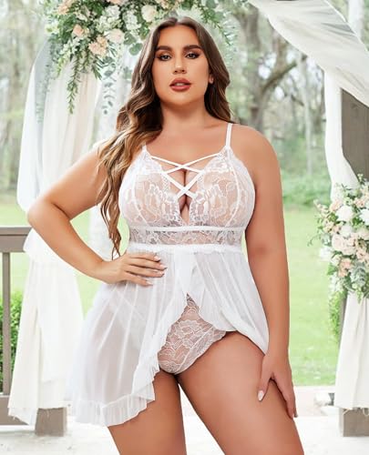 Image of SSoShHub Women's Plus Size Lingerie Beautiful Babydoll Snap Crotch Lace Chemise Ruffles Nightwear Bodysuit with Babydoll