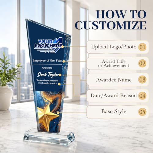 Image of Custom Crystal Trophy Award Personalized Plaque Award with Text Logo Photo Awards Trophies for Employee Recognition Team Graduation Personalized Office Gifts for Boss Coworker Teacher
