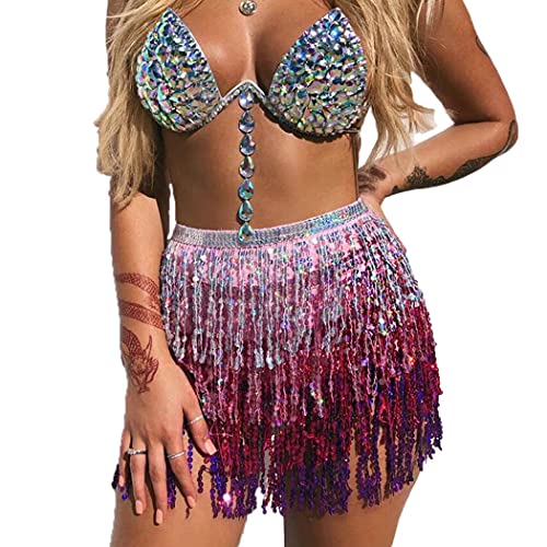Campsis Glitter Fringe Skirt Pink Sequins Belly Dance Outfit Boho Tassel Hip Skirts Beach Party Nightclub for Women and Girls