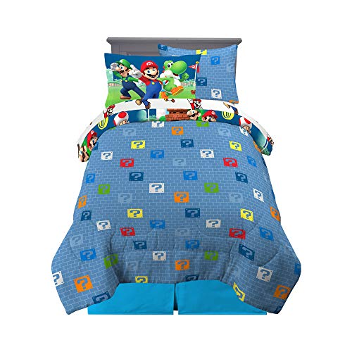 Image of Super Mario Kids Bedding Set, Twin Size 5 Piece Comforter and Sheet Set with Sham, (Officially Licensed Product) by Franco