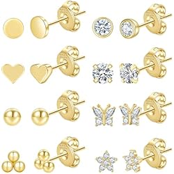 PRETOLE 8 pares de pendientes de tuerca de plata de ley para mujer, chapados en oro de 14 quilates, pequeños pendientes de tuerca para múltiples perforaciones de cartílago, pendientes hipoalergénicos