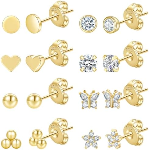 PRETOLE 6/8 Pairs Sterling Silver Stud Earrings for Women,14K Gold Plated Tiny Stud Earring Set for Multiple Piercing Cartilage Hypoallergenic Earrings Cubic Zirconia Small Stud Earrings for Girls Men