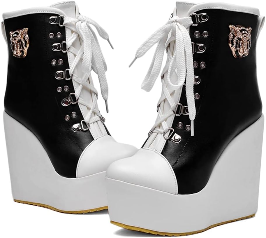 Women's Round Toe Wedge Platform Dress Ankle Boots Lace Up Chunky High Heels Dressy Short Booties