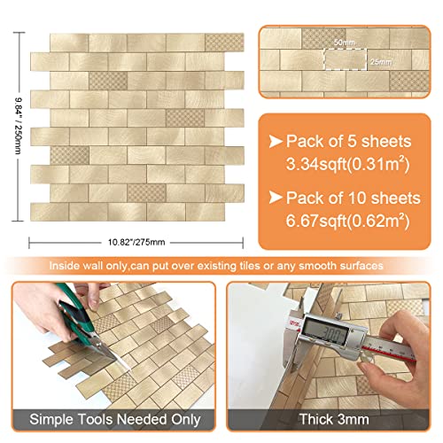 Vaovi Peel And Stick Backsplash Tiles For Kitchen,Self Adhesive Metal Backsplash Peel And Stick Tile Subway Tiles Backsplash Wall Tiles(10Sheets,Champagne Gold) #TOP5