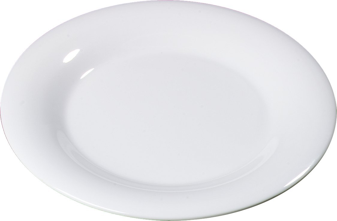 Sierrus Reusable Plastic Plate with Wide Rim for Buffets by Carlisle FoodService Products – 10.5", 0.36743 ounces, Melamine, White, Pack of 12