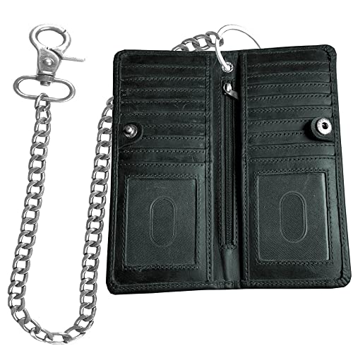 CLASSIC Motorcycle Chain Wallet for Men – Premium Cowhide Leather, RFID Bi-Fold Biker Wallet with Heavy Duty Chain Bikers Truckers & Hunters, Credit Card Money Organizer Long Wallet Crazy Horse Grey