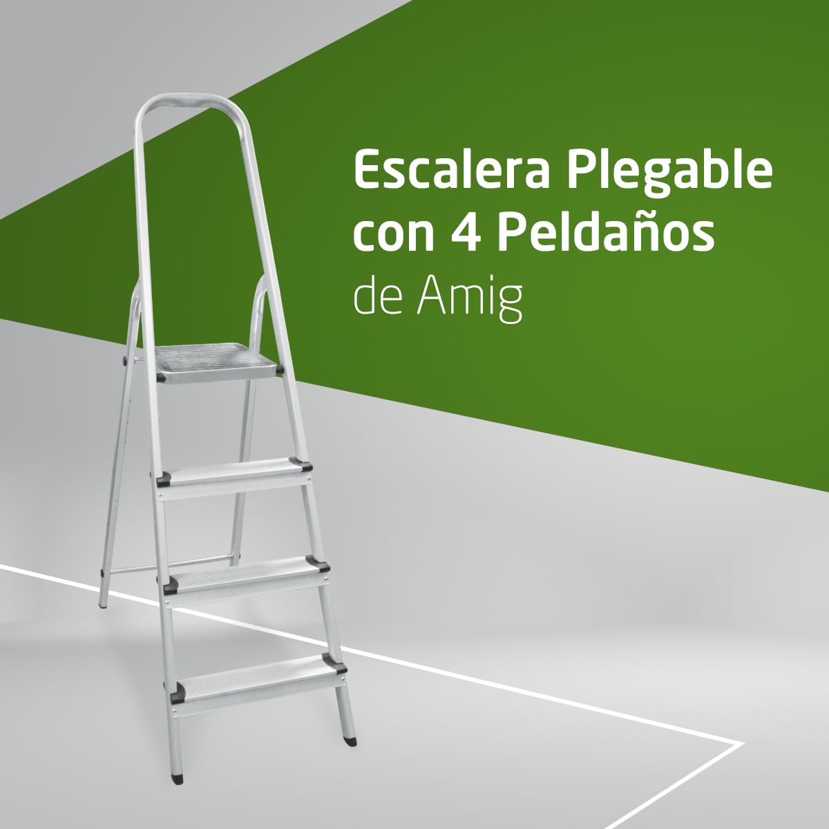 Amig - Escalera Plegable con 4 peldaños - Fabricado en Aluminio - Medida de Peldaños Pequeños: 28 cm x 8 cm - Medida de Peldaño Grande: 25 cm x 25 cm x 28 cm - Uso Doméstico - Carga Máxima: 150 kg