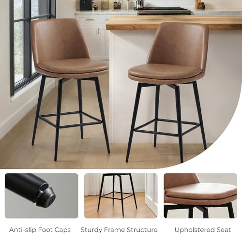 Image of CHITA Swivel Bar Stools, 30.3 inch Counter Height Bar Stools Set of 2, FSC Certified Upholstered Modern Counter Stools, Metal Legs, Faux Leather, Saddle Brown