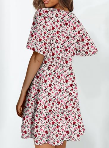 Image of Dokotoo Womens Summer Dresses 2026 Boho Floral Short Sleeve V Neck Smocked Waist Casual A-Line Swing Mini Dress Sundress