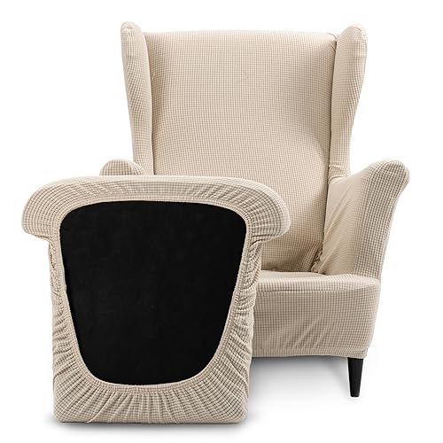 TIANSHU Ohrensessel überzug, Ohrensessel Sesselbezug Enthält 1 Stuhlbezug und 1 Stuhlkissenbezug Stretch rutschfest Sesselschoner Abnehmbarer Sesselhusse Waschbarer (Tippe B, Beige)