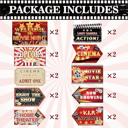 Image of Hooqict 20 Pieces Movie Night Decorations Movie Themed Party Directional Signs for Cinema Welcome Now Showing Theater Film Birthday Party Decorations Supplies