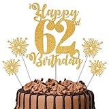 Juego de decoración para tarta de cumpleaños número 62 con purpurina dorada, 5 piezas de decoración de cumpleaños y suministros de fiesta para hombres, mujeres y niños, 62 cumpleaños