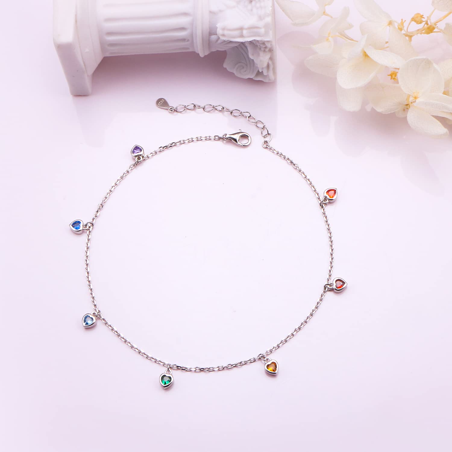 Cavigliera da donna in argento Sterling, girasole, tartarughe, ancora e luna, spiaggia, doppio strato con perle, regalo boho regolabile per ragazze, 9+1 inch, Argento sterling