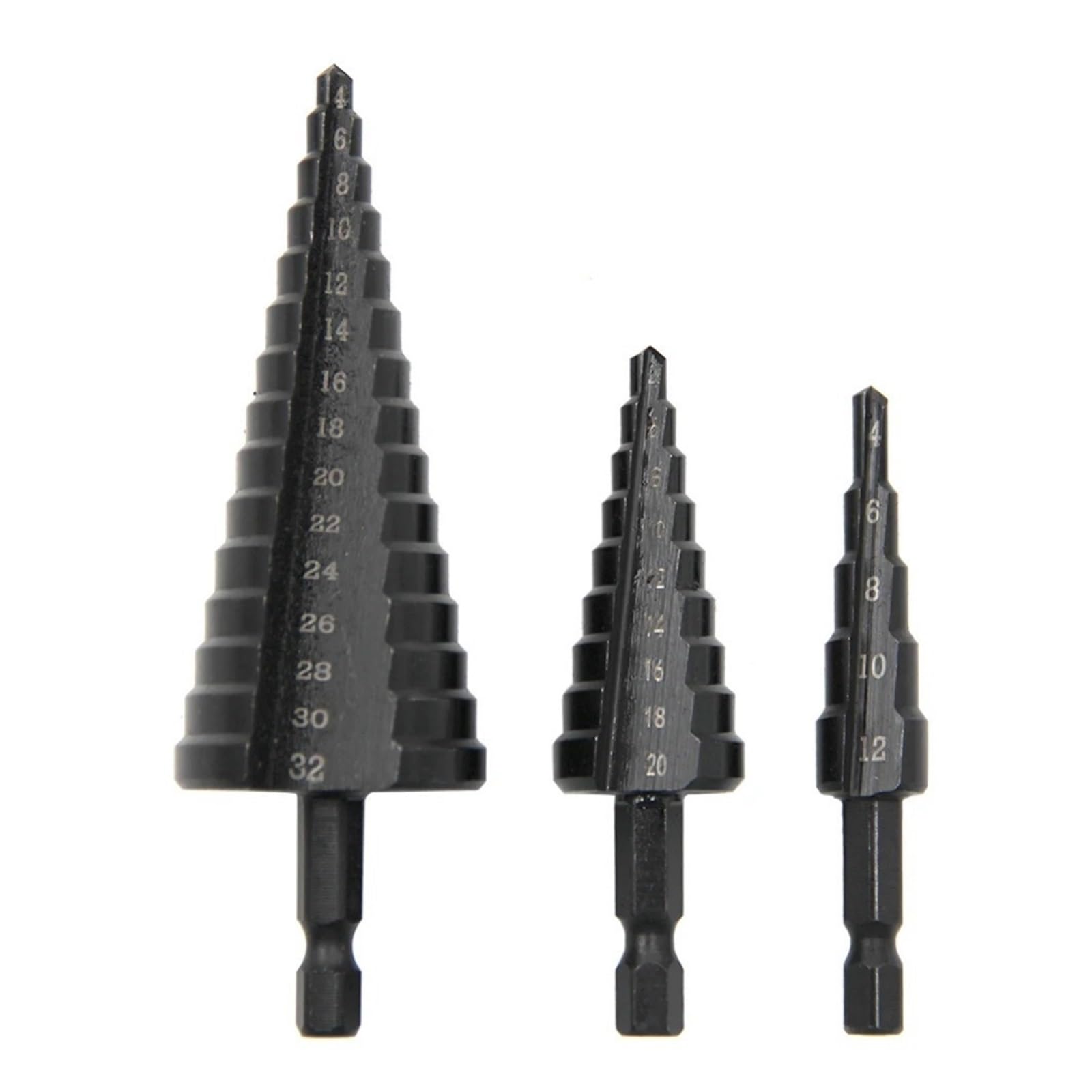 Broca escalonada HSS Vástago Hexagonal, broca escalonada negra de ranura recta, 3-12/4-12/4-20/4-32mm, juego de herramientas de taladro de torre escariado, 3 uds.(Big 3Pcs Set)